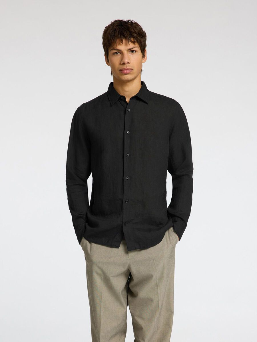 SELECTED HOMME Long Sleeve Linen Shirt BLACK