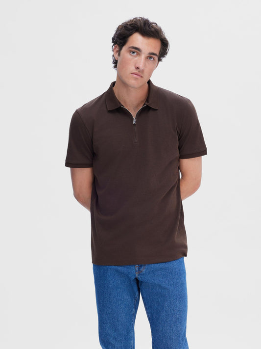 SELECTED HOMME BROWN ZIP POLO