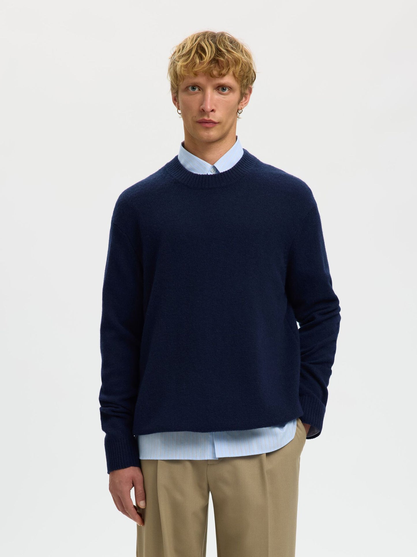 SELECTED HOMME Navy Wool Crew Neck Knit