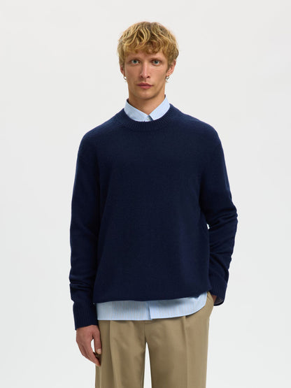 SELECTED HOMME Navy Wool Crew Neck Knit