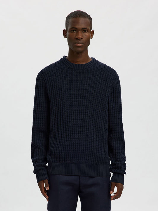 SELECTED Navy Structure Crew Neck Knit